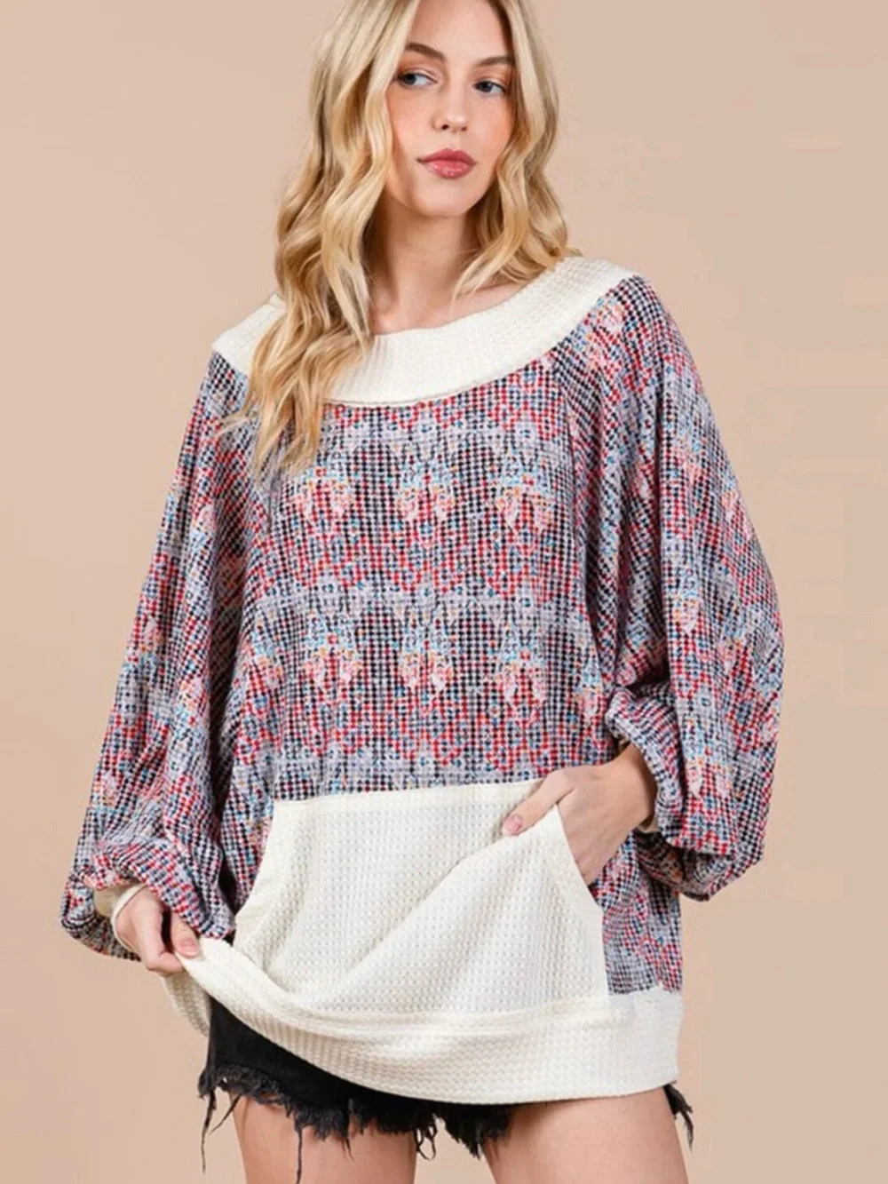 Boho Waffle Panel Pull-Over Top ☀️ ☮️ - Picture 2 of 3